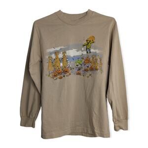 Artisans Beige Long Sleeve Shirt S Autumn Scarecrow Pumpkins Halloween